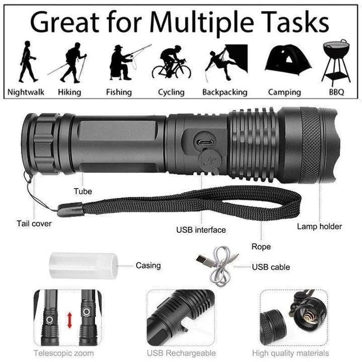 Ultra-Bright XHP50.2 LED Flashlight — High-Lumen Tactical Torch