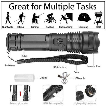 Ultra-Bright XHP50.2 LED Flashlight — High-Lumen Tactical Torch