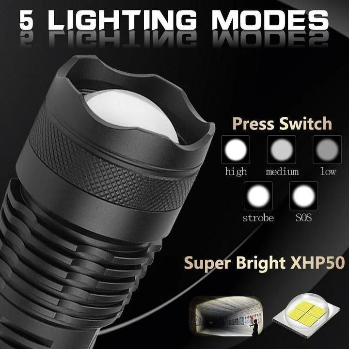 Ultra-Bright XHP50.2 LED Flashlight — High-Lumen Tactical Torch