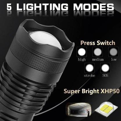 Ultra-Bright XHP50.2 LED Flashlight — High-Lumen Tactical Torch